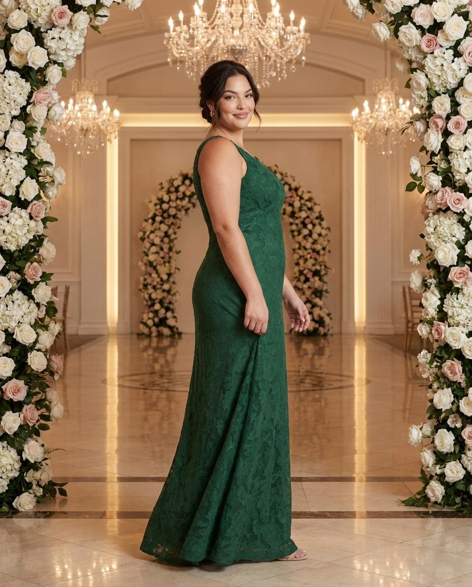 Plus Size Classic V Neck Sleeveless Floral Burnout Bridesmaid Dress Side Zip Elegant Gown for Curvy Women -N0350