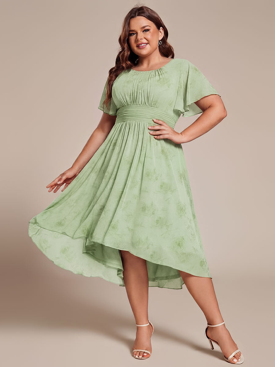 Plus Size Pleated Round Neckline A-Line Midi Chiffon Wedding Guest Dress