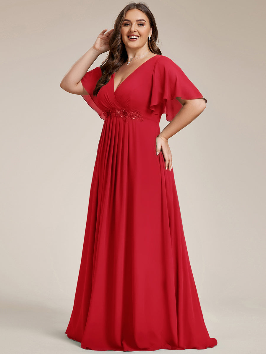 Plus Size Floral Applique Short Sleeve A-Line Chiffon Formal Evening Dress