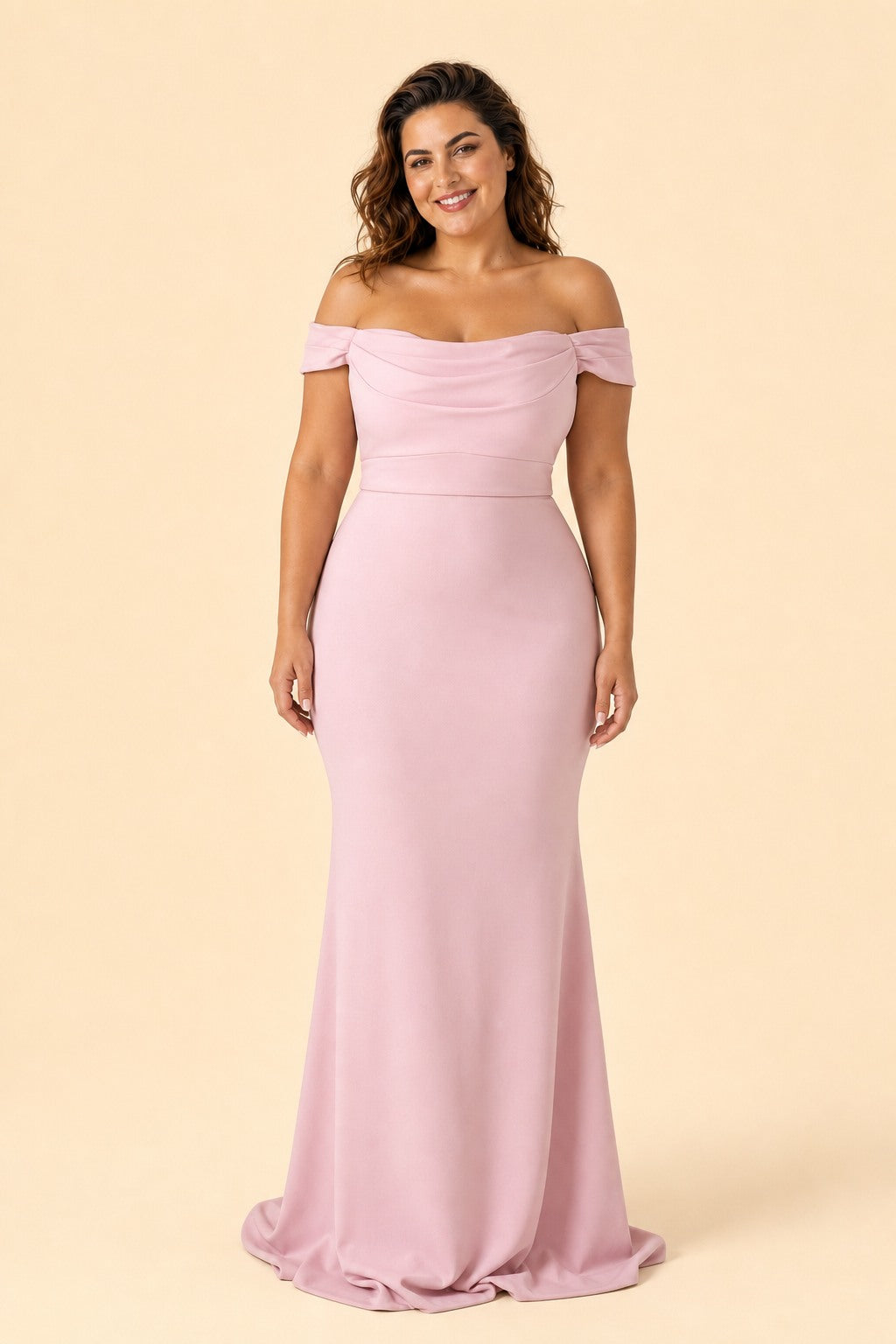 Plus Size Off Shoulder Ruched Bridesmaid Dress with Statement Back Bow