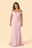 Plus Size Off Shoulder Ruched Bridesmaid Dress with Statement Back Bow