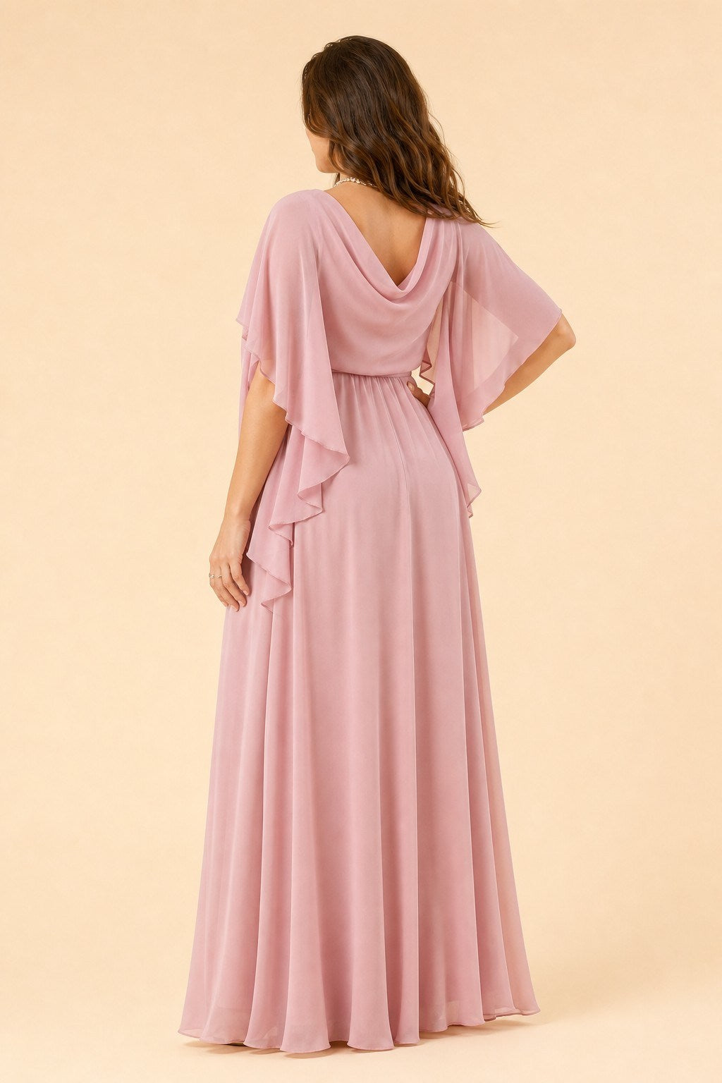Plus Size Chiffon Bridesmaid Dress with Embroidered Batwing Sleeves