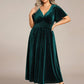 Plus Size A-line V-Neck Short Sleeve Pleated Velvet Fall Wedding Guest Dress