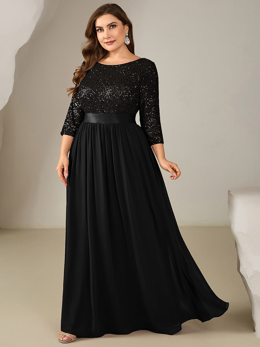 Plus Size  Sequin 3/4 Sleeves Evening Dress