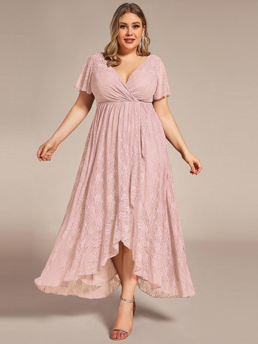Plus Size Short Sleeve Ruffled V-Neck A-Line Lace Wedding Guest Dress