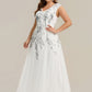 Plus Size V-Neck Sequin High Stretch Cap Sleeve Tulle Formal Dress