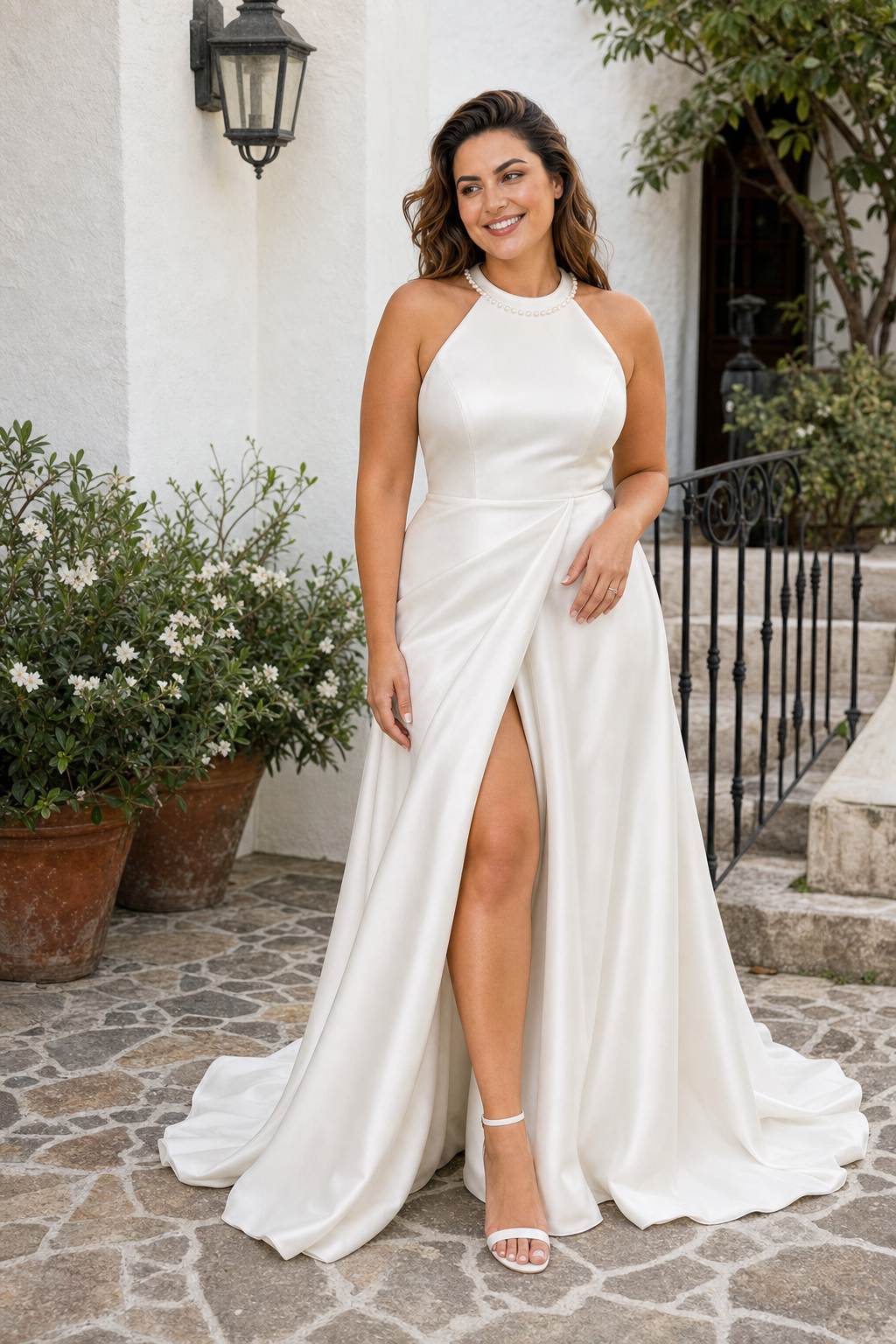Plus Size Satin Wedding Dress with Bow Back Slit and Chapel Train