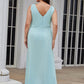 Plus Size Shiny V Neck Side Slit Formal Evening Dress