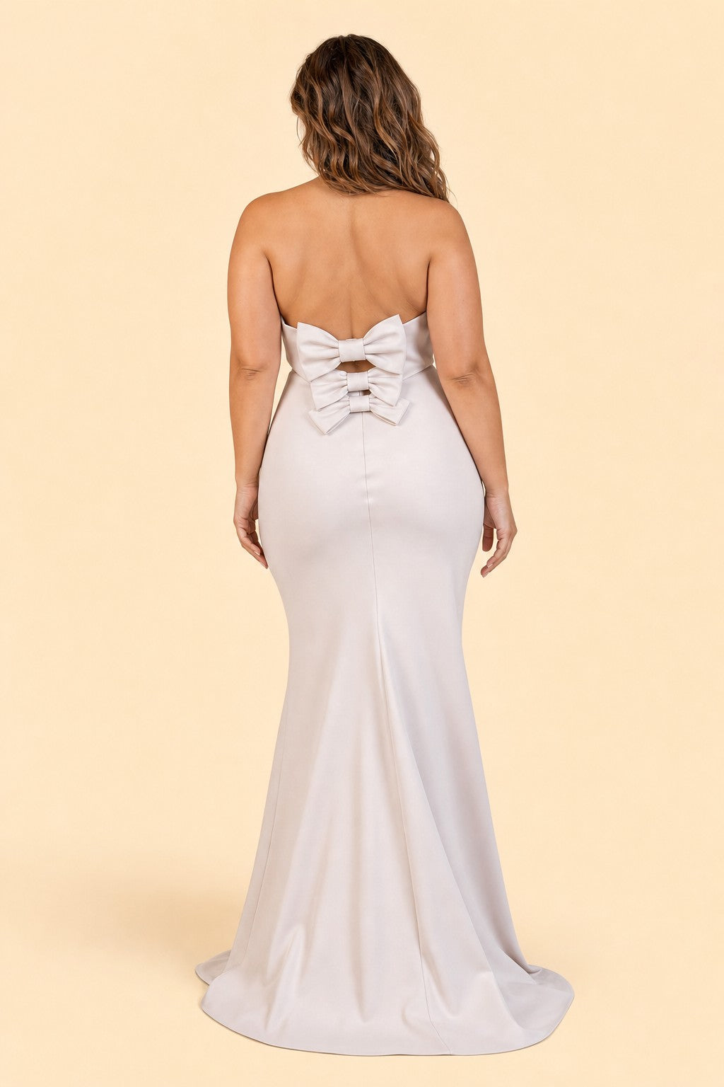 Plus Size Strapless Bridesmaid Dress with Cutout Back Bow and Slit