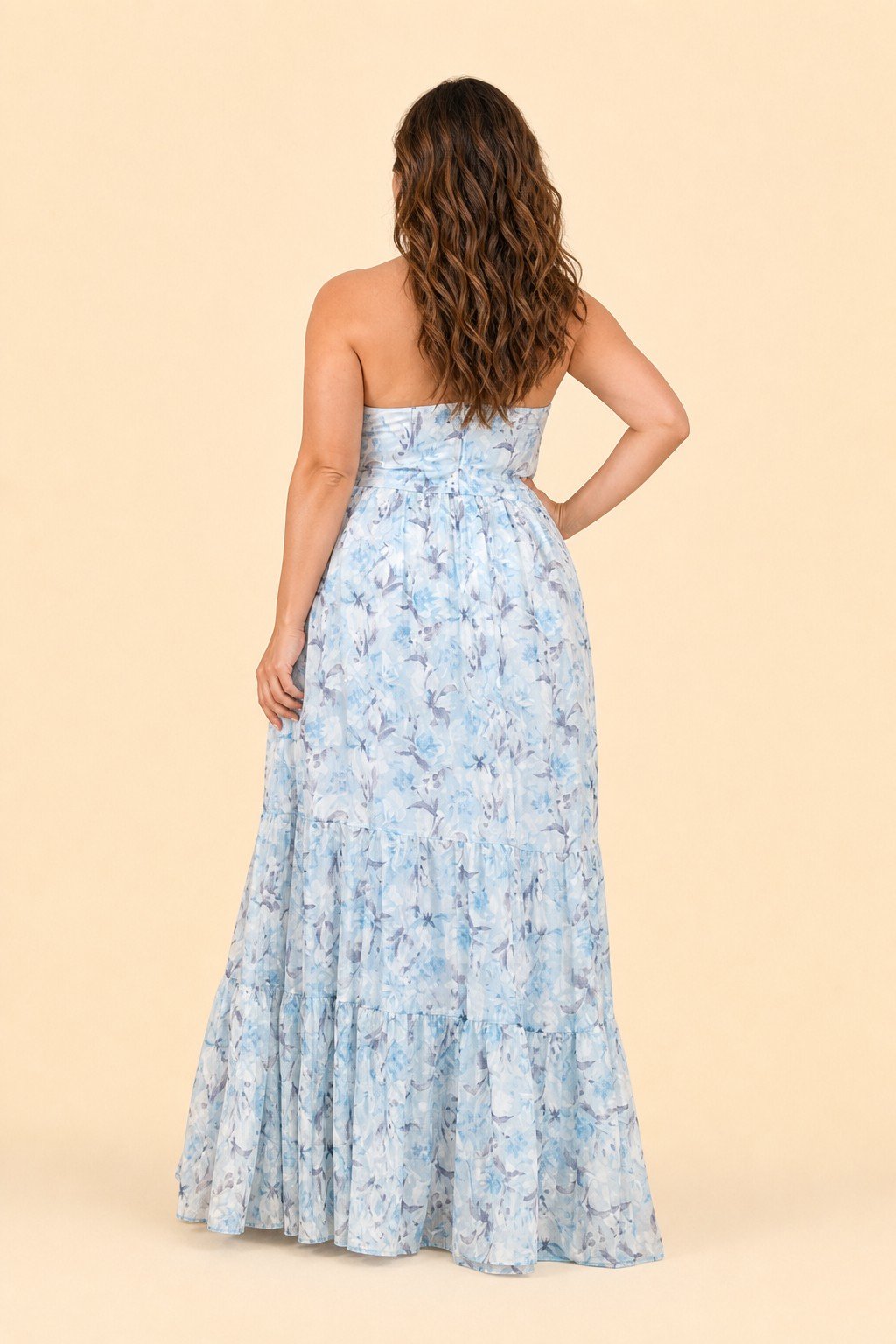 Romantic Floral Print Strapless Bridesmaid Dress with Open Back Detail