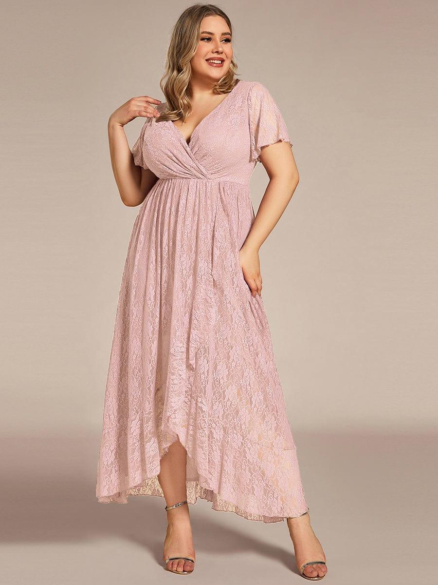 Plus Size Short Sleeve Ruffled V-Neck A-Line Lace Wedding Guest Dress