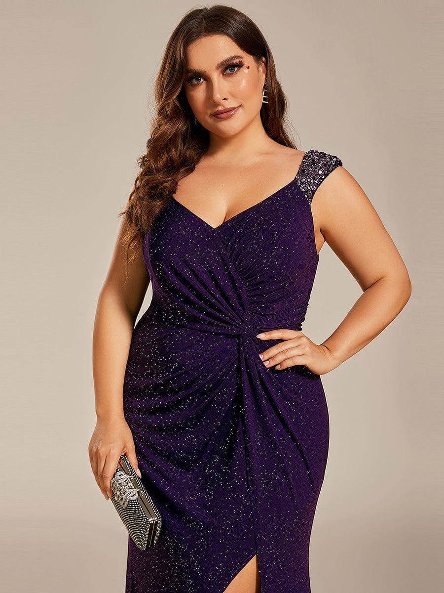 Plus Size Sequin Shoulder Strap Wedding Guest Dress with Side Slit