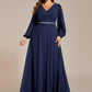 Plus Size A-Line V-Neck See-Through Long Sleeves Shiny Belt Chiffon Evening Dress