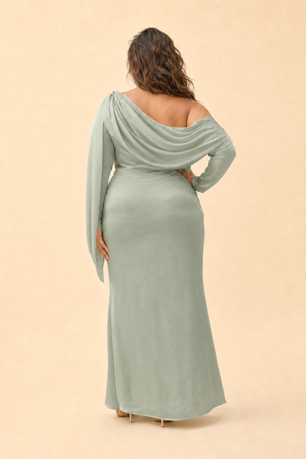 Romantic Bridesmaid Dress with One Shoulder Sleeve and Tie Accent