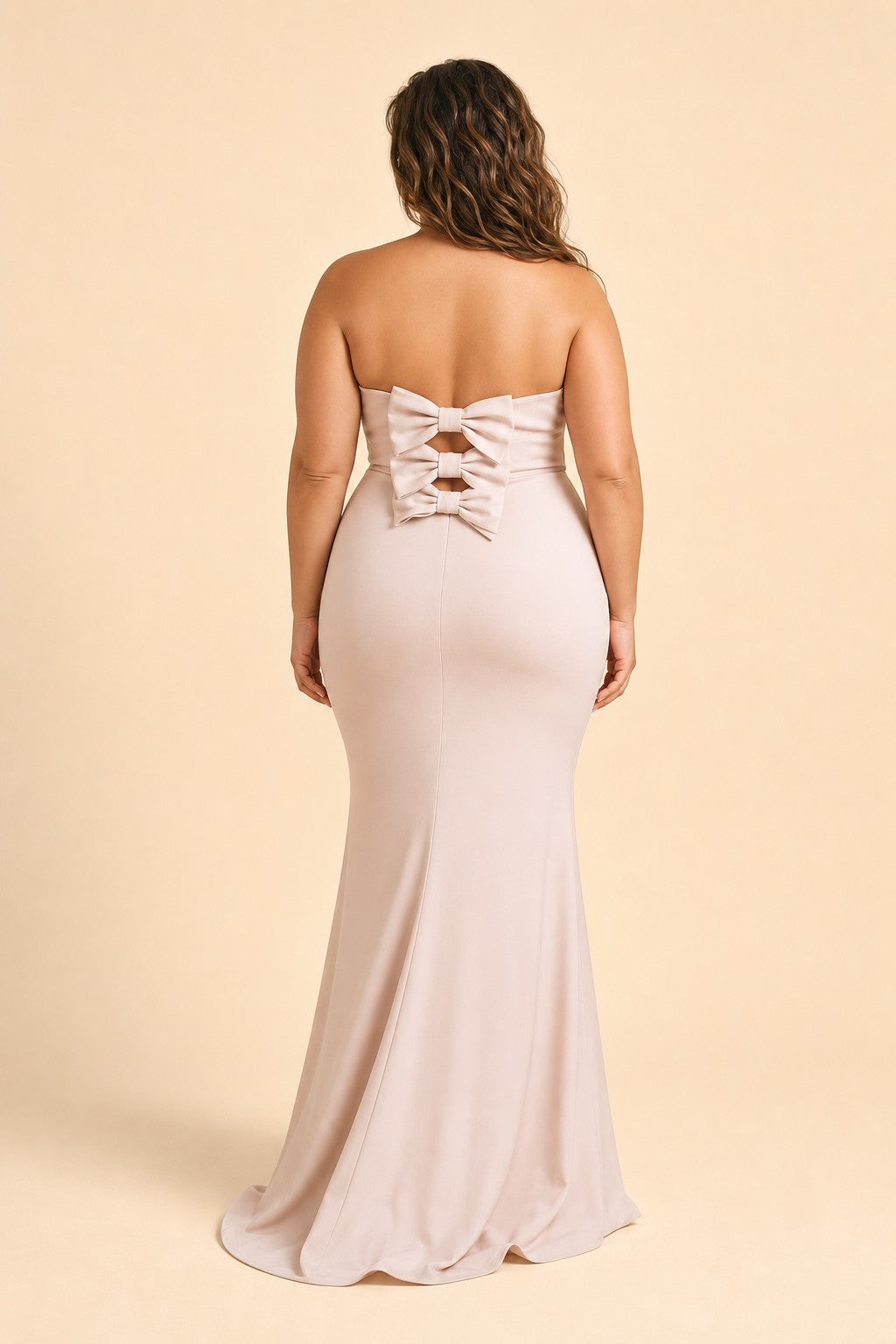 Plus Size Strapless Bridesmaid Dress with Cutout Back Bow and Slit