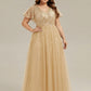Plus Size Short Sleeves Sequin V-Neck Formal Evening Dress with Tulle
