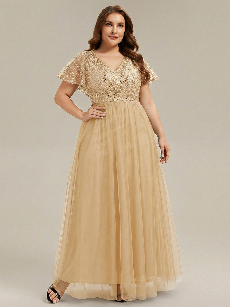 Plus Size Short Sleeves Sequin V-Neck Formal Evening Dress with Tulle