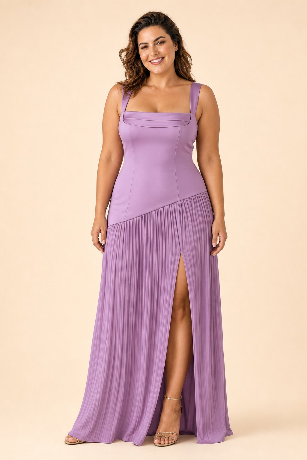 Plus Size Bridesmaid Dress with Pleated Satin and Lace Up Open Back