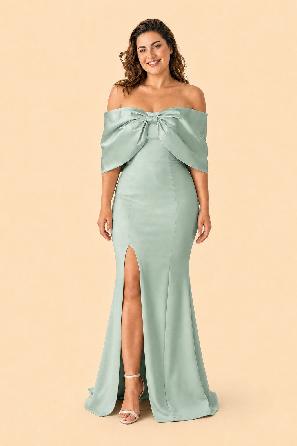 Elegant Plus Size Bridesmaid Dress with Off Shoulder Bow Detail and Slit