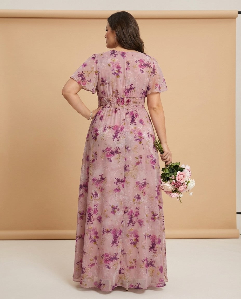 Petaline Plus Size Short Sleeve Chiffon Bridesmaid Dress N0322