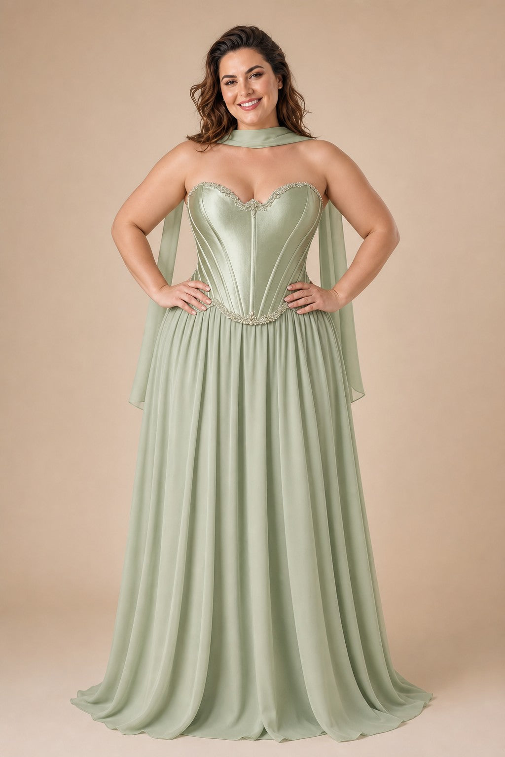 Scarvelle Plus Size Satin Prom Dress with Basque Waist and Pearl Corset