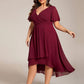 Plus Size Chiffon Short Sleeves Pleated V-Neck A-Line Midi Wedding Guest Dress