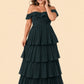Elegant A Line Maxi Bridesmaid Dress Pleated Tiered Off Shoulder Design