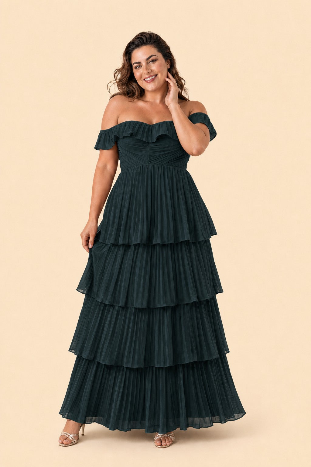 Elegant A Line Maxi Bridesmaid Dress Pleated Tiered Off Shoulder Design