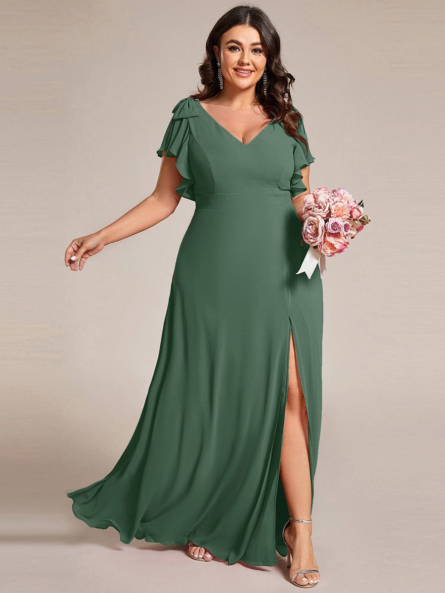 Plus Size Split Ruffles Sleeves with Bowknot Double V-neck Chiffon Bridesmaid Dress