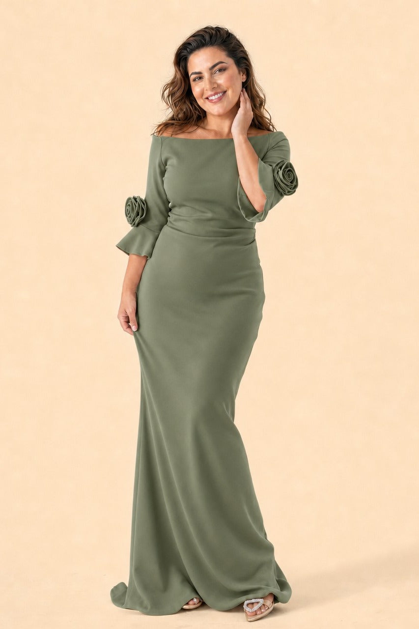 Plus Size Mother of the Bride Gown with Sculpted Flower Detail and Feminine Silhouette