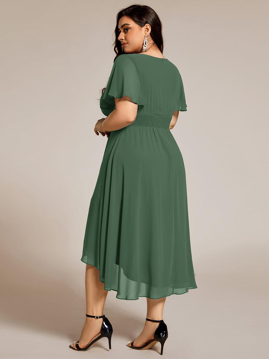 Plus Size Pleated Round Neckline A-Line Midi Chiffon Wedding Guest Dress