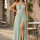 Plus Size Halter Bridesmaid Dress with Pleated Chiffon A-Line Skirt - Open Back and Side Slit