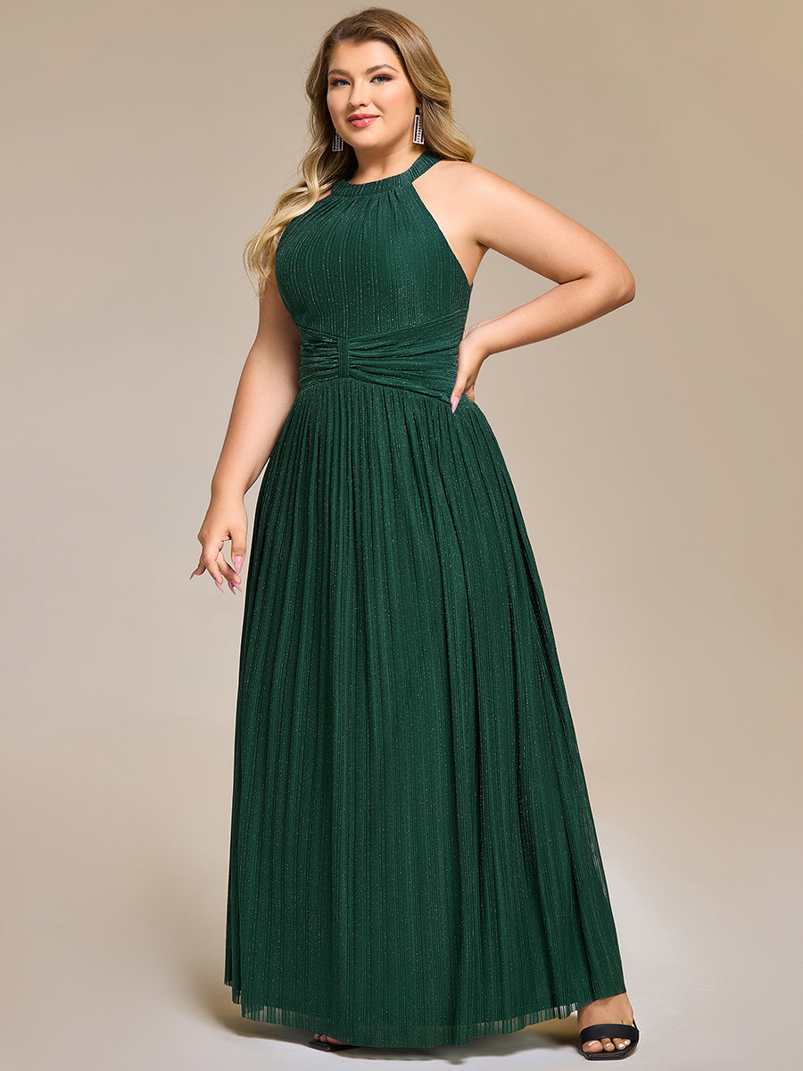 Plus Size Glittery Halter Neck Pleated Formal Evening Dress