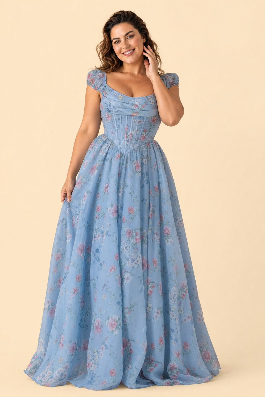 Plus Size Romantic Floral Print Bridesmaid Dress with Basque Waist - Ruched Bodice and Lace-Up Back