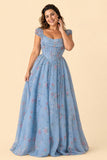 Plus Size Romantic Floral Print Bridesmaid Dress with Basque Waist - Ruched Bodice and Lace-Up Back