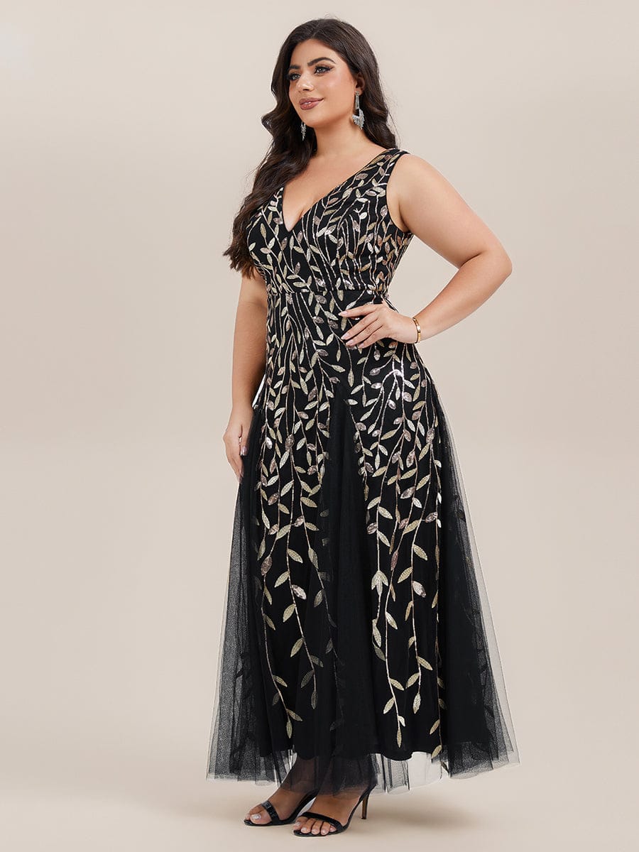 Plus Size Sparkling Sleeveless Leaf Sequin A-Line Formal Evening Dress