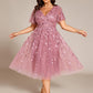 Plus Size Sparkly A-Line Midi Tulle Formal Wedding Guest Dress with Leaf Sequin