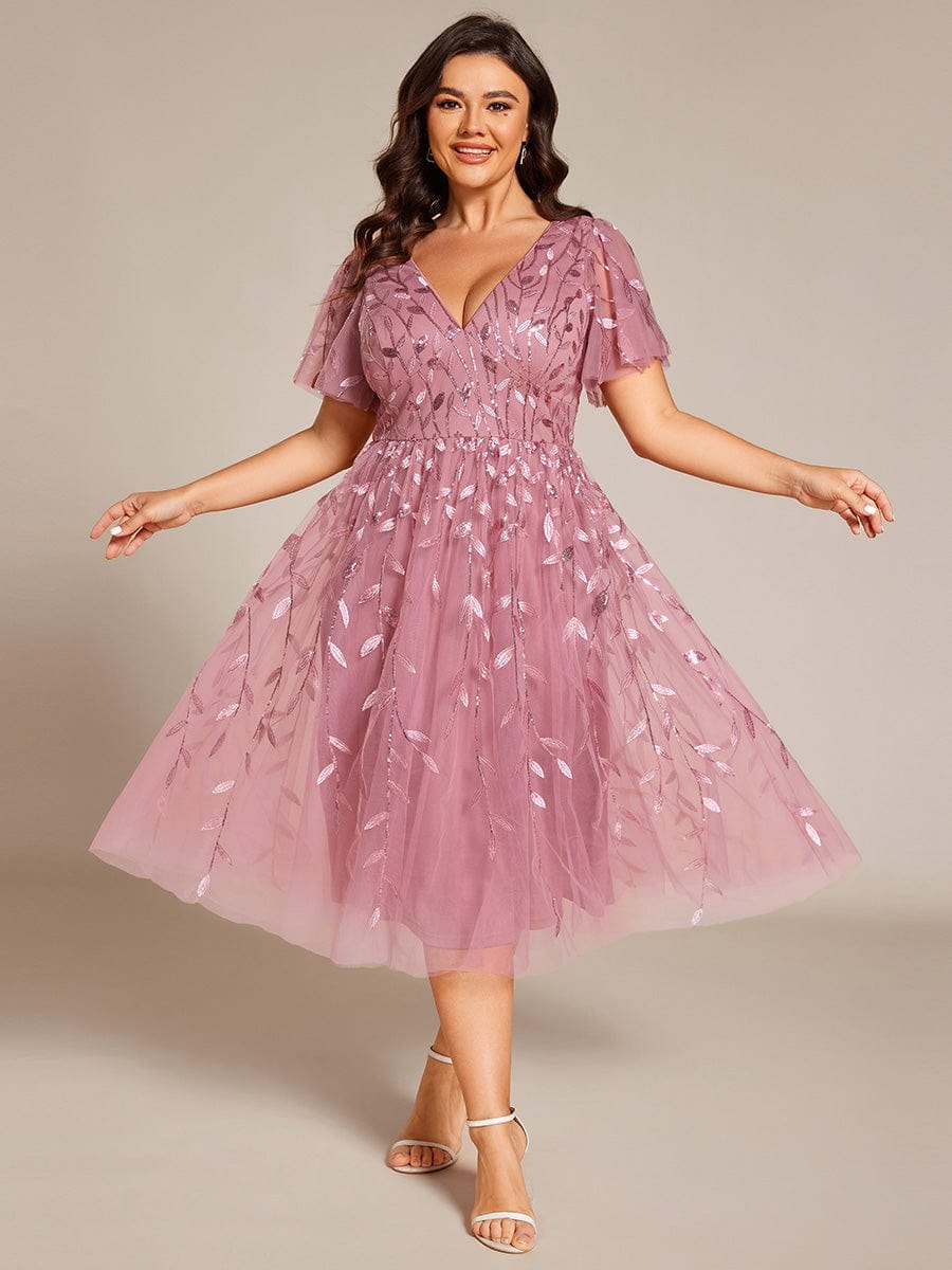 Plus Size Sparkly A-Line Midi Tulle Formal Wedding Guest Dress with Leaf Sequin