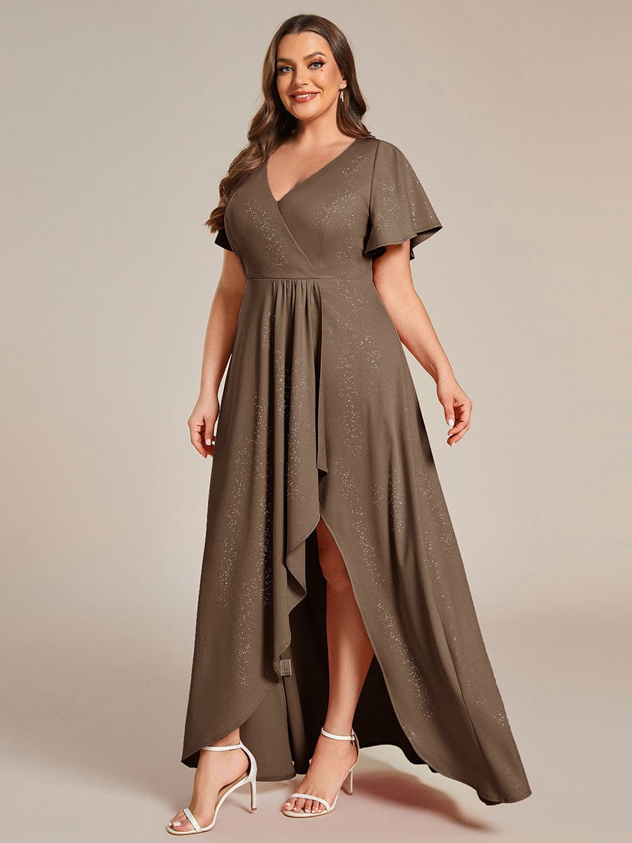 Plus Size Glitter Ruffled High-Low Front Slit Evening Dress