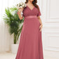 Plus Size Empire Waist V Back Bridesmaid Dress with Short Sleeves