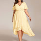 Plus Size Chiffon Short Sleeves Pleated V-Neck A-Line Midi Wedding Guest Dress