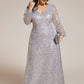 Plus Size V-Neck Lantern Long Sleeve Sequin A-Line Evening Dress