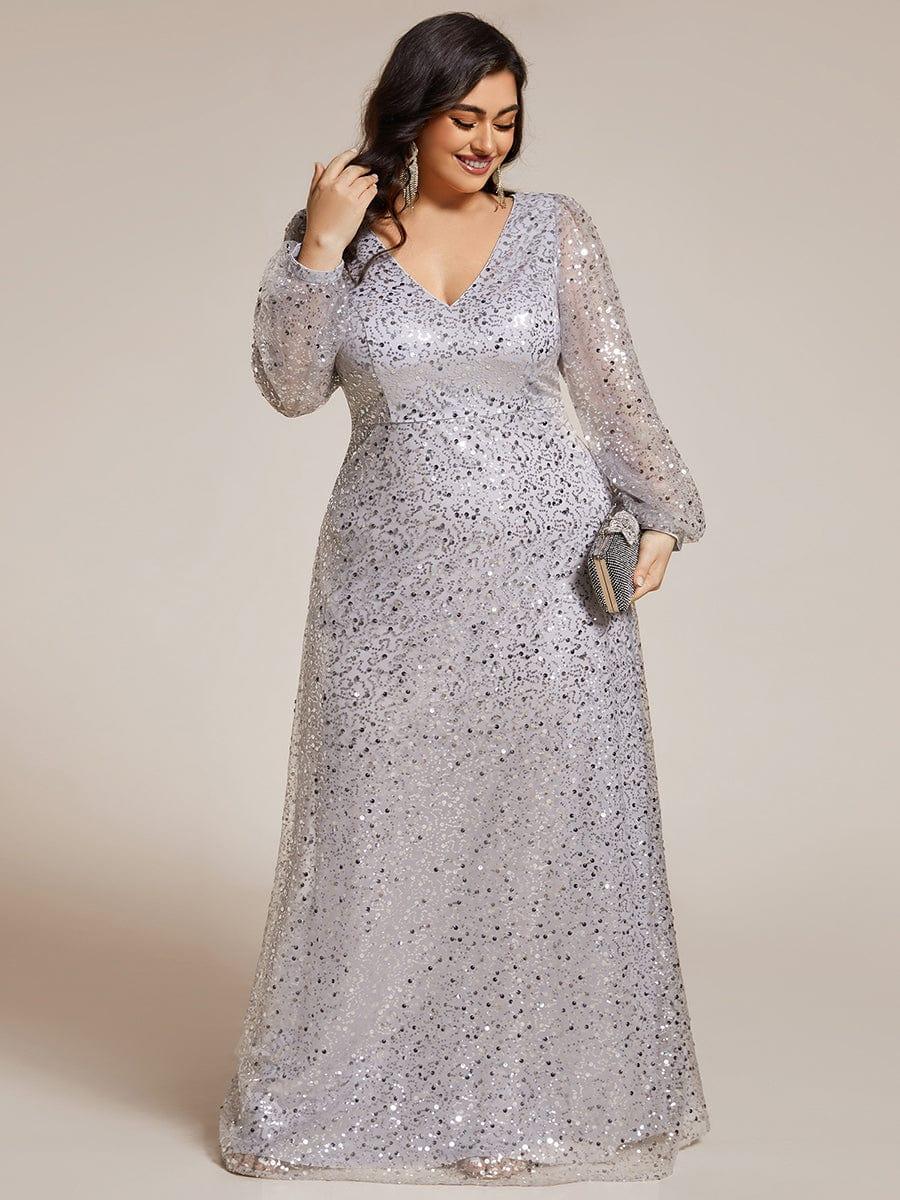 Plus Size V-Neck Lantern Long Sleeve Sequin A-Line Evening Dress