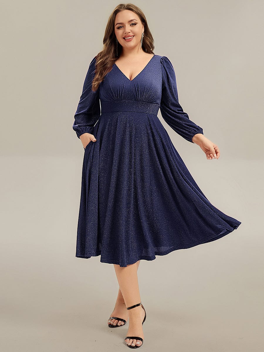 Plus Size Glitter long Sleeve Midi Dress With Pocket
