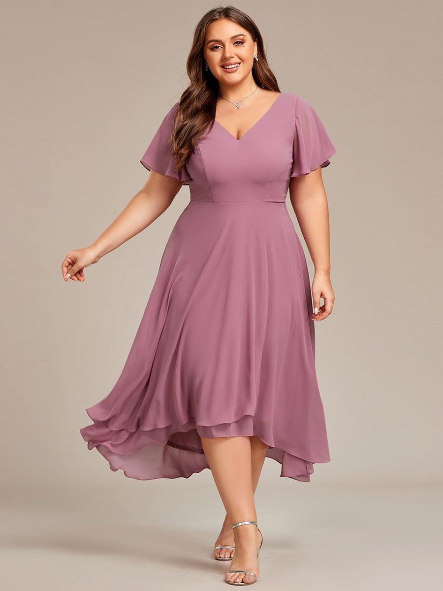 Plus Size Flowing Chiffon V-Neck Ruffle Sleeves Wedding Guest Dress