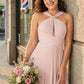 Plus Size Halter Bridesmaid Dress with Pleated Chiffon A-Line Skirt - Open Back and Side Slit