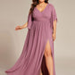 Plus Size Half Sleeve Pleated A-Line V-Neck Chiffon Bridesmaid Dress