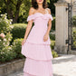 Elegant A Line Maxi Bridesmaid Dress Pleated Tiered Off Shoulder Design