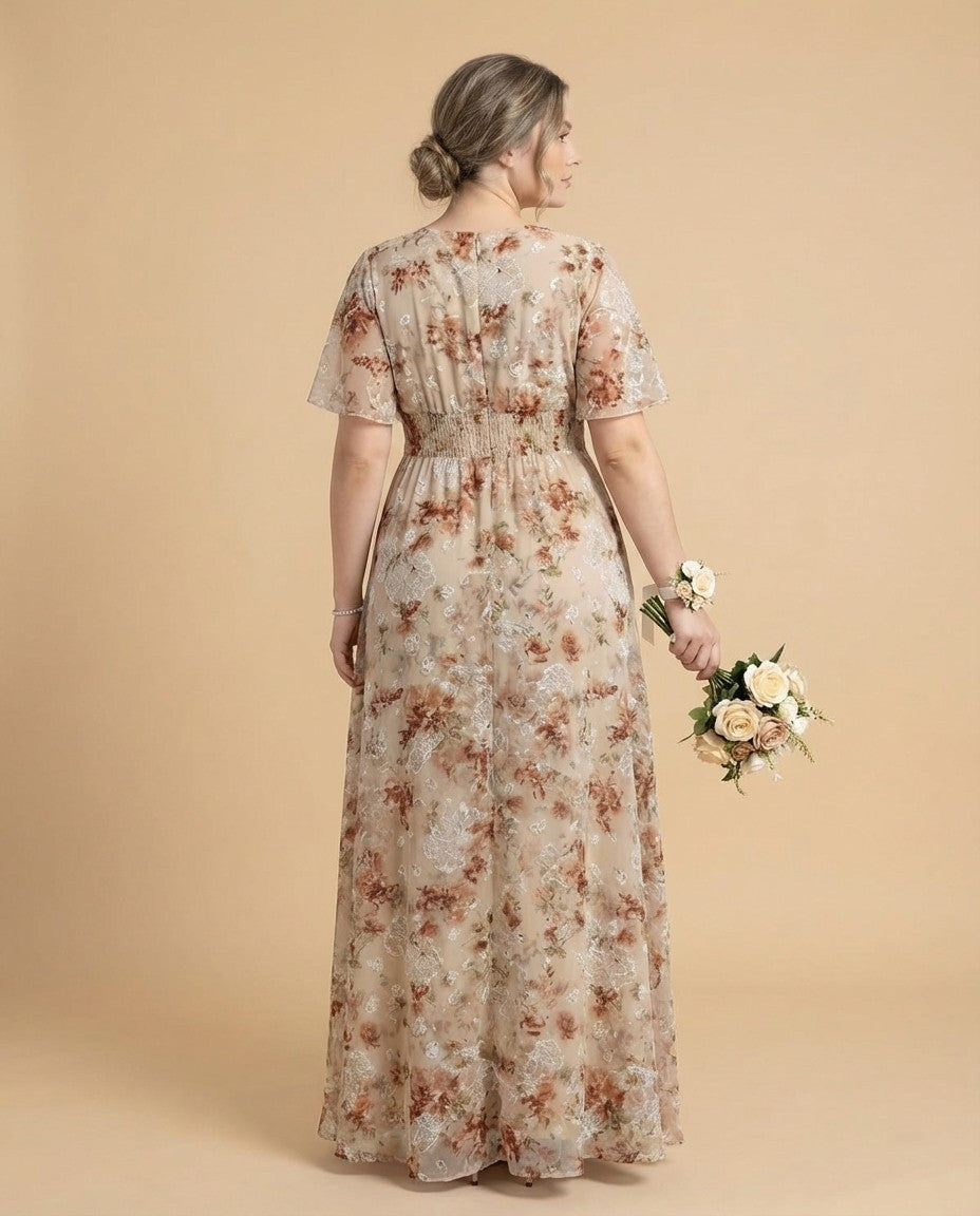 Petaline Plus Size Chiffon A-Line Bridesmaid Gown with Short Flutter Sleeves N0326