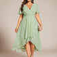 Plus Size Chiffon Short Sleeves Pleated V-Neck A-Line Midi Wedding Guest Dress